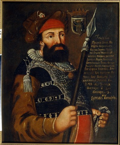 Portræt af kosaklederen, erobreren og opdagelsesrejsende af Sibirien, Yermak Timofeyevich (født mellem 1532 og 1542-1585) (Portræt af kosakkens leder og erobrer af Sibirien, Yermak Timopheyevich). Anonym maleri, olie på lærred af School Russian