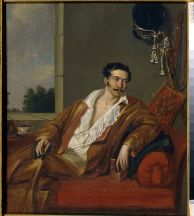 Portræt af grev Vasily Fedorovich Gagarin. Aristokraten, i morgenkåbe, er strakt ud på en sofa, med en bog i hånden. Hængende på væggen, sværdet og militære attributter, ved siden af ​​det, på et piedestalbord, en kop te. Anonym maleri, olie af School Russian