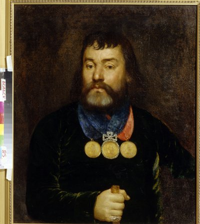 Portræt af digteren Constantin Zlobin (1777-1813). Stolt iført tre guld- og diamantmedaljer om halsen. Anonymt maleri, olie på lærred, begyndelsen af ​​1800-tallet. russisk kunst af School Russian