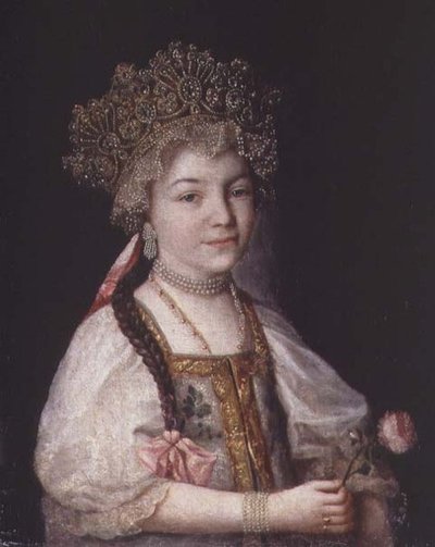 Portræt af Alexandra Pavlovna i russisk nationaldragt, ca. 1790 (olie på lærred) af School Russian