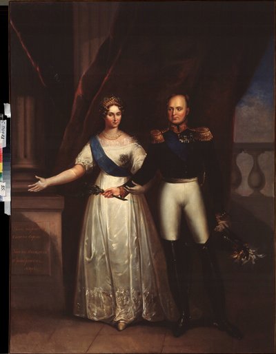 Portrætter af kejser Alexander I (1777-1825) med hans kone (Elisabeth Alexeievna, født prinsesse Louise Augusta af Baden af School Russian
