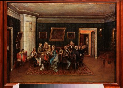 Aftenreception. (Scene i dagligdagen, familie og venner er samlet omkring middagsbordet). Maleri af en russisk mester, olie på lærred, midten af ​​1800-tallet. Statens centrale litterære museum, Moskva. af School Russian