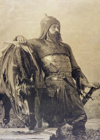 Russisk soldat med sin hest af School Russian