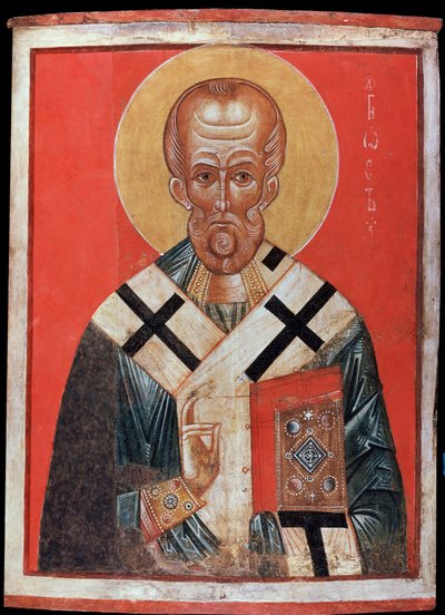 Saint Nicolas (eller Saint Nicolas de Myre eller Saint Nicolas de Bari, 270-345) (Saint Nicholas). Russisk ikon, tempera på træ, slutningen af ​​det 13., begyndelsen af ​​det 14. århundrede, kunst fra Novgorod (Rusland). State Hermitage, Sankt Petersborg. af School Russian