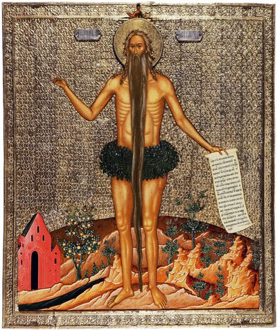 Sankt Onuphrius (Sankt Onuphrius). Onuphre the anchorite eller The Great (4. århundrede), munk dengang eremit i Egypten, er han traditionelt repræsenteret med et langt skæg og grene som tøj. Anonymt værk fra Moskva, tempera på træ, ca af School Russian