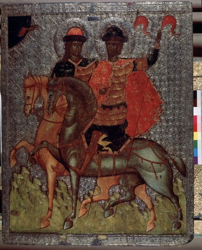 De hellige Boris (eller romerske) og Gleb (eller David) på en hest (martyrer i 1015) (De hellige Boris og Gleb til hest). Yngre sønner af Saint Vladimir, storprins af Kiev, var altid kendetegnet ved deres fromhed, men ved deres fars død, den ældste Svia af School Russian