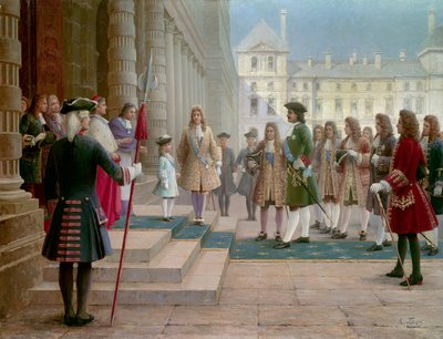 Zar Pierre Le Grand (1672-1725) modtaget af Louis XV barn i Versailles i 1717 - Maleri af Gorsky (1800-tallet) af School Russian