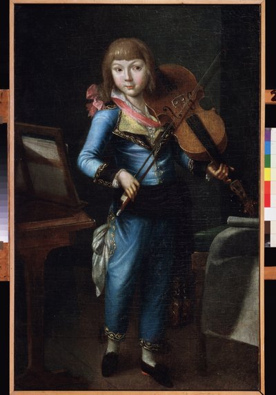 En ung violinist i blåt jakkesæt. Maleri af en russisk mester, olie på lærred, ca. 1790. Russisk kunst fra 1700-tallet. Museum Palace Theatre Ostankino, Moskva. af School Russian