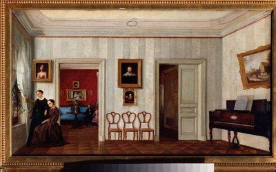 Et lille værelse med et klaver. (Og to kvinder kigger ud af vinduet). Maleri af en russisk mester, olie på lærred, midten af ​​1800-tallet. Statens Tretyakov-galleri, Moskva. af School Russian