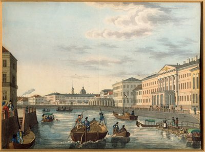Udsigt over Fontanka-floden i Sankt Petersborg. Anonymt værk, Litografi, farvelagt i akvarel, ca. 1820. Russisk kunst af School Russian