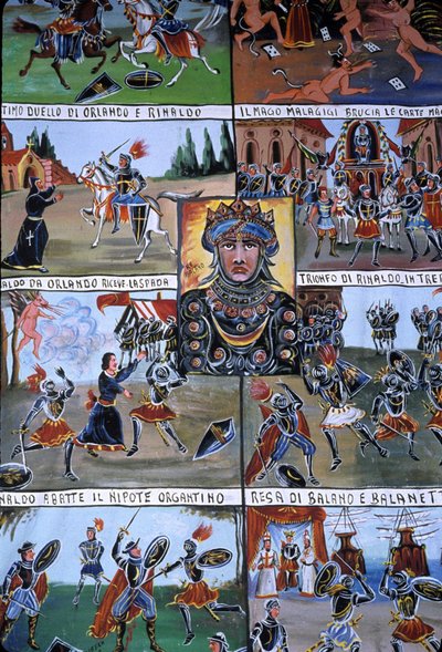 En dukketeaterindretning ved navn Puppi, der tilhører en siciliansk tradition, der går tilbage til oldtiden og har til formål at fortælle historien om invasioner og normanniske erobringer. Palermo, Sicilien, Italien. af School Sicilian