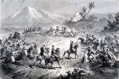 Et eventyr, rejsende angrebet af brigander, illustration fra 