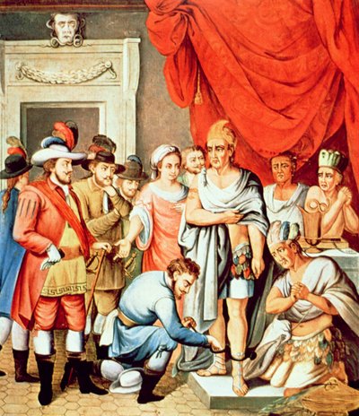 Hernan Cortes beordrer lænker til at blive sat på anklerne på Montezuma (farve litho) af School Spanish