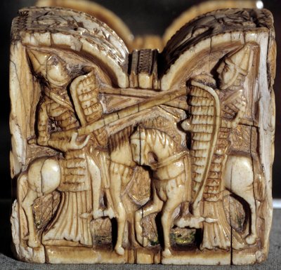 Romansk kunst: dambonde, der repræsenterer en kamp mellem to riddere. Elfenben skulptur. Fra Spanien. Svag. 0,64x0,68 m. Paris, Louvre-museet af School Spanish