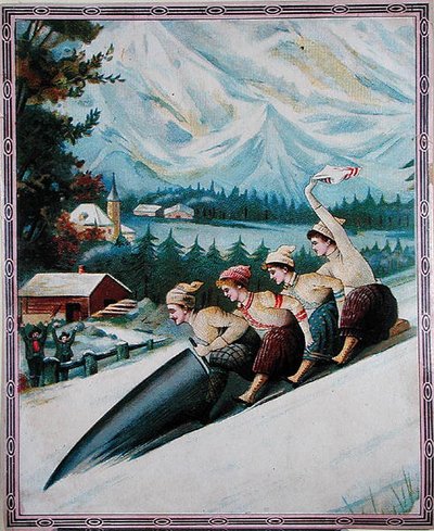 Turister kælkning, begyndelsen af det 20. århundrede (farve litho) af School Swiss