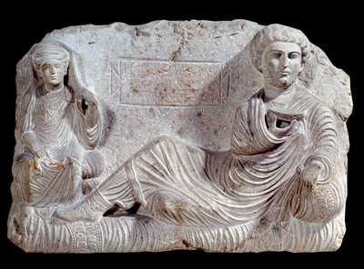 Begravelsesrelief i kalksten af Taime og hans kone. fra Palmyra. 200 e.Kr. Paris, Louvre-museet af School Syrian