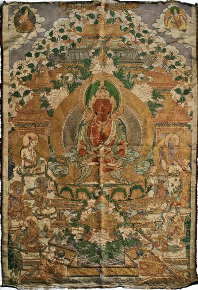 Amitabha (det rene lands buddha) - Tibetansk maleri, pigmenter og guld på stof, slutningen af ​​det 19. århundrede, 74x51 cm - (Amitayus Buddha Thangka, Tibetansk kultur, Pigmenter og guld på tekstil, Slutningen af ​​1800-tallet) - Privat samling af School Tibetan