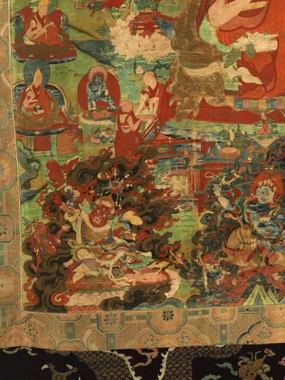 Detalje af tredje Panchen Lama Losan Penden Yeshe (gouache på stof) af School Tibetan
