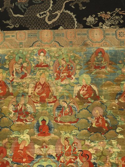 Detalje af tredje Panchen Lama Losan Penden Yeshe (gouache på stof) af School Tibetan