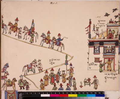 Illustration af en del af en bryllupsceremoni: bruden bliver hentet ved sit hus, ca. 1844 - 62 (pigmenter på papir) af School Tibetan