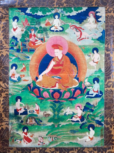 Lamaen Rjegrags Rtod Iha-pa-padbang Graps med glorie og omgivet af talrige mahasiddha (yogier), boede i Indien og Tibet (7.-11. århundrede), Gouache på lærred af School Tibetan
