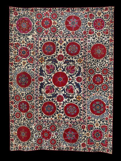 Shakhrisyabz Suzani, ca. 1800 (silkebroderi på bomuldsfundament) af School Uzbek