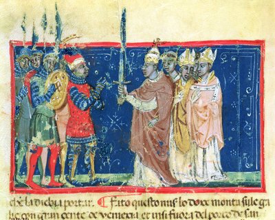 Codex Correr I 383 Pave Alexander III (1105-81) overrækker sværdet til doge Sebastiano Ziani (pergament) af School Venetian