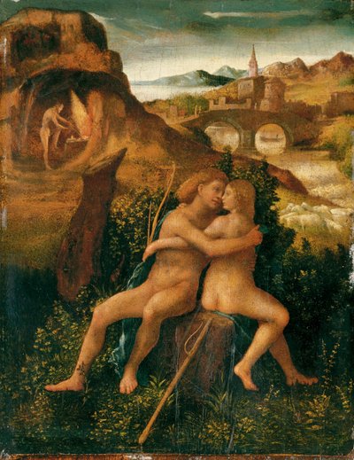 Venus og Mars i et flodlandskab med Vulcan arbejdende i sin smedje, ca. 1500 (olie på panel) af School Venetian