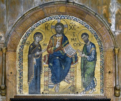 Byzantinsk arkitektur: Kristus i majestæt (Kristus i herlighed) mellem Jomfruen og Sankt Markus (Deesis), mosaikker lavet af venetianske kunstnere og redesignet i det 16. århundrede. Apsis. Basilica di San Marco (Basilica di San Marco), Venedig af School Veneto Byzantine
