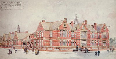 Marlborough Road Board Schools, Cardiff, begyndelsen af det tyvende århundrede (farve litho) af School Welsh