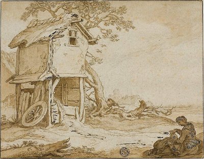 Landskab med Barnstable, siddende kvinde og barn af School of Abraham Bloemaert