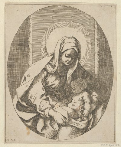 Jomfruen holder spædbarnet Kristus på skødet, en oval komposition, efter Reni, 1620-50., 1620-50. af School of Guido Reni
