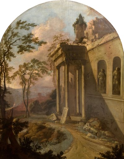 Landskab med ruin, 1725. af School of Jacques Rousseau