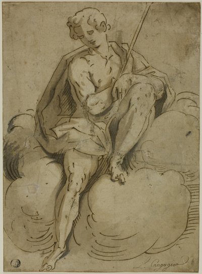 Siddende Sankt Johannes Døberen af School of Luca Cambiaso