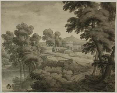Italiensk landskab med slot, træer og vand i forgrunden af School of Nicolas Poussin