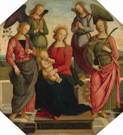 Madonna og barn med to engle, Saint Rose og Saint Catherine of Alexandria af School of Perugino