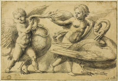 Putti leger med svaner af School of Raphael