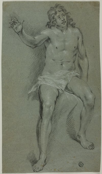 Siddende mandlig nøgenmodel (recto); skitser af hånd og drengehoved (verso) af School of Rembrandt van Rijn