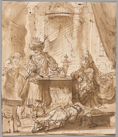 Nedbrydningen af Haman før Ahasverus og Ester af School of Rembrandt van Rijn