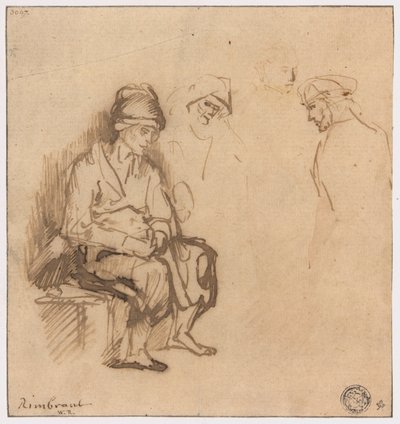 Kvinde siddende på bænk og tre skitser af hoveder af School of Rembrandt van Rijn