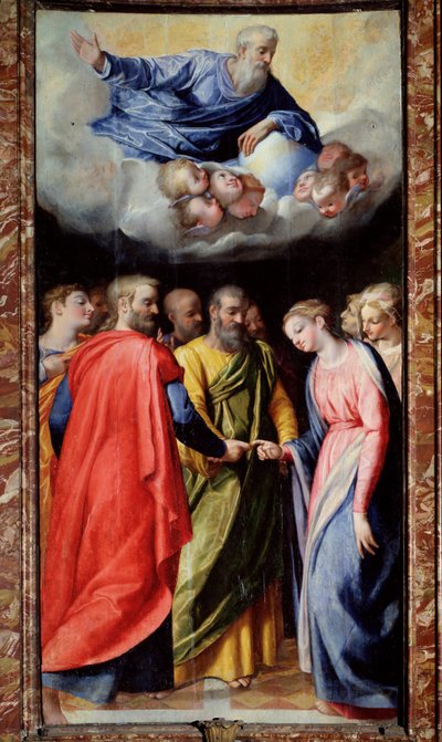 Jomfruens ægteskab Maleri af Scipione Pulzone il Gaetano (1550-1598) og Giuseppe Valeriano (1542-1606) 1584-1588 Rom, Gesu kirke, Madonna della Stradas kapel af Scipione Pulzone