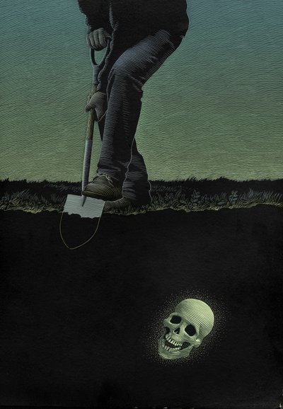 A Skull in Connemara, 2001 (scratchboard, farvelagt digitalt) af Scott McKowen