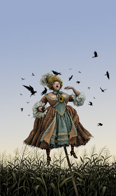 Barok operasopran fugleskræmsel, 2008 (scratchboard, farvelagt digitalt) af Scott McKowen