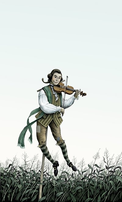 Barokviolin-fugleskræmsel, 2006 (scratchboard, farvelagt digitalt) af Scott McKowen