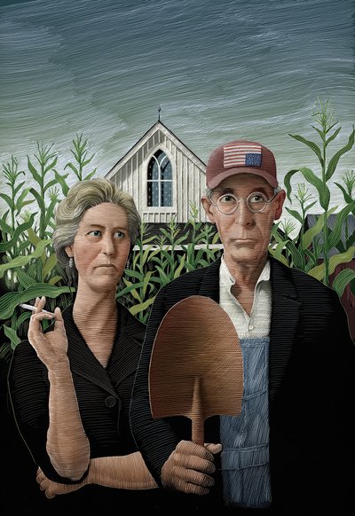 Buried Child, 2018 (scratchboard, farvelagt digitalt) af Scott McKowen