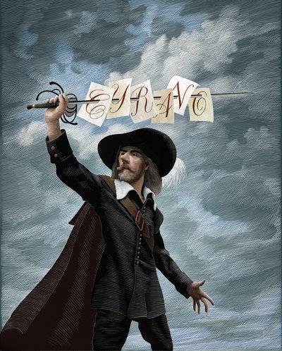 Cyrano De Bergerac, 2020 (scratchboard, farvelagt digitalt) af Scott McKowen