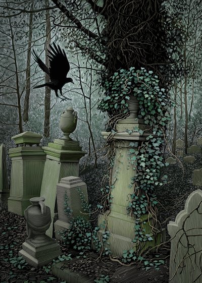 Highgate Cemetery, 2010 (scratchboard, farvelagt digitalt) af Scott McKowen