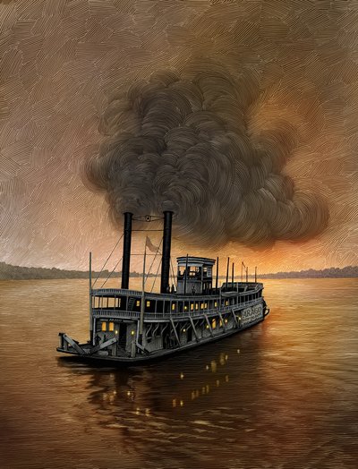 Mississippi Steamboat, 2015 (scratchboard, farvelagt digitalt) af Scott McKowen
