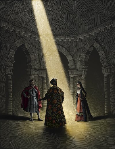 Nathan the Wise, 2008 (scratchboard, farvelagt digitalt) af Scott McKowen
