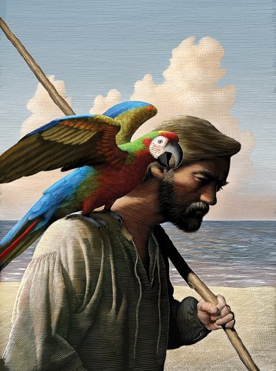 Robinson Crusoe, 2011 (scratchboard, farvelagt digitalt) af Scott McKowen